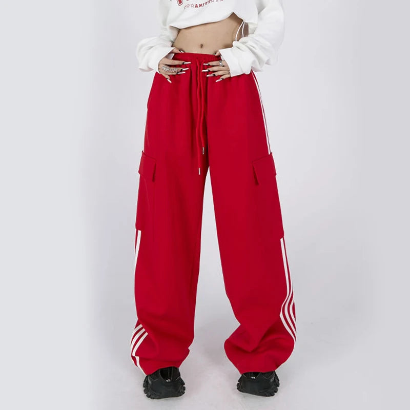 Jmprs Striped Women Cargo Pants American Style High Waist Fashion Y2K Streetwear Loose Wide Leg Pants Female Hip Hop Sweatpants