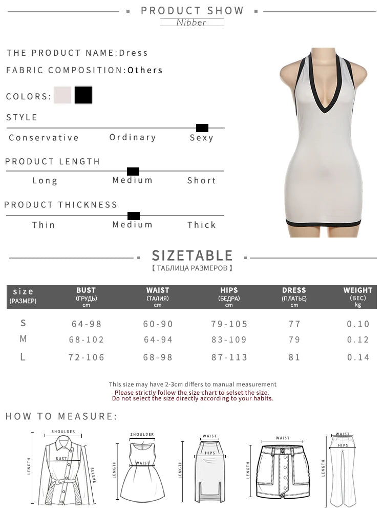 Nibber Halter V-Neck Dress Women Contrast Elegan Edging Backless Simple Soft Tight Thin Bodycon Summer Casual Stretch Streetwear