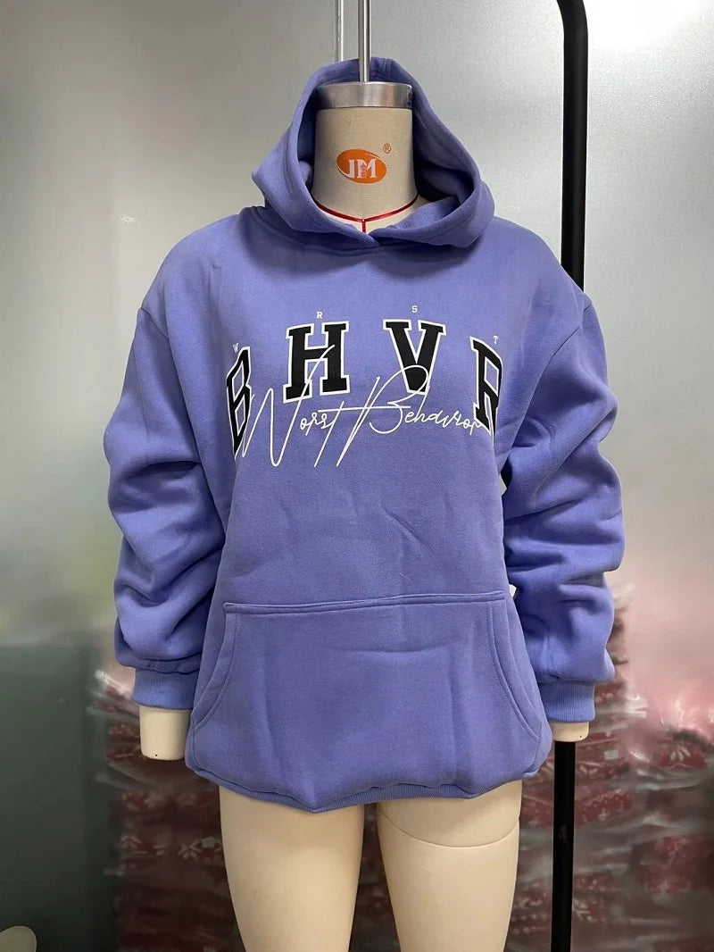 Harajuku Fashion Casual Women's Hoodie Autumn Winter Bhvr Game Letter Printing Plus Fleece Warm Long Sleeve Y2k Pullover Hoodie