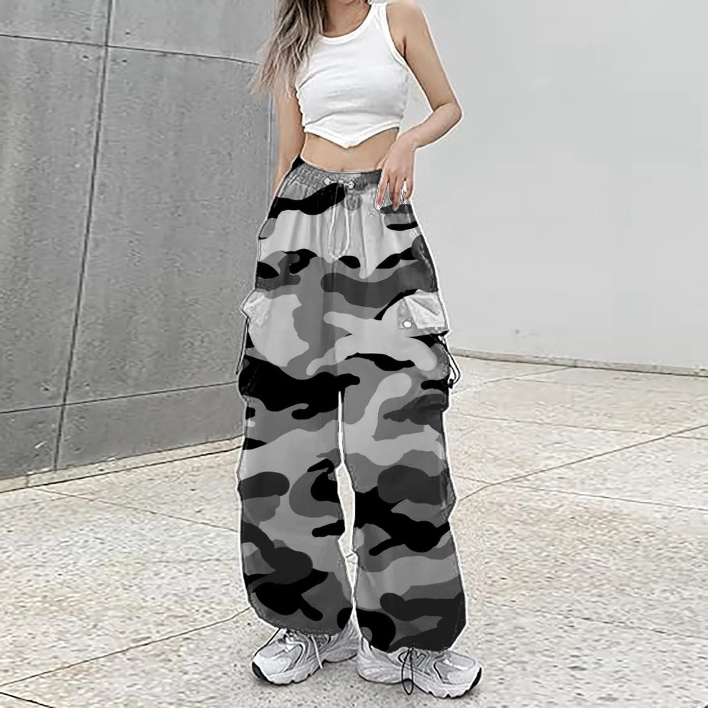 Womens Camo Print Baggy Cargo Pants Streetwear Hip Hop Joggers Sweatpants For Women Loose Fit Drawstring Casual Loose Pants