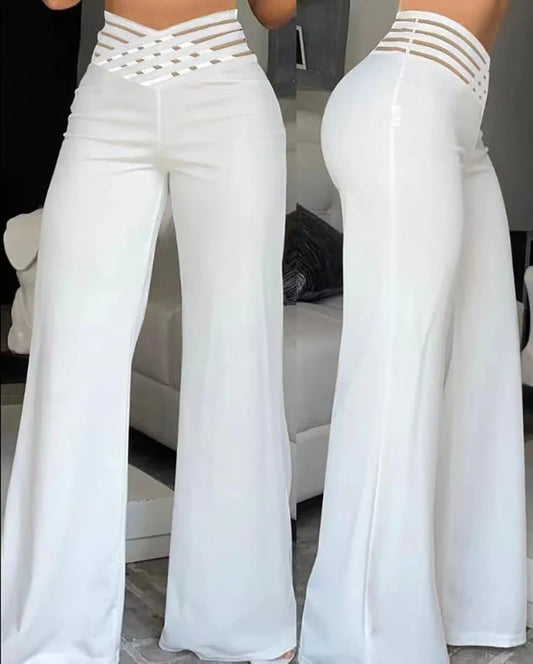 Women Flared Pants Elegant Office Lady Casual High Waist Trousers Spring Summer Solid Crisscross Sheer Mesh Patch Wide Leg Pant