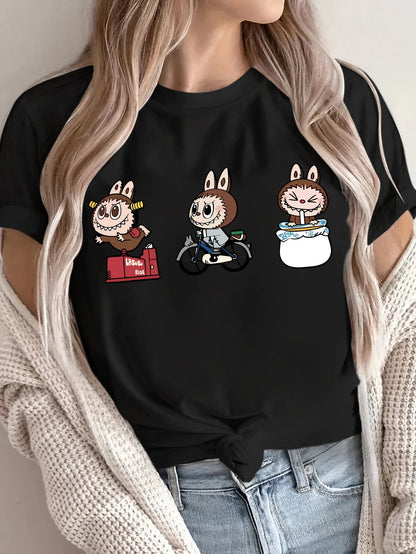 Women's Vibrant Green Cartoon Print T-Shirt Casual Sporty Style, Short Sleeves, Perfect for Spring & Summer, Labubu Pattern