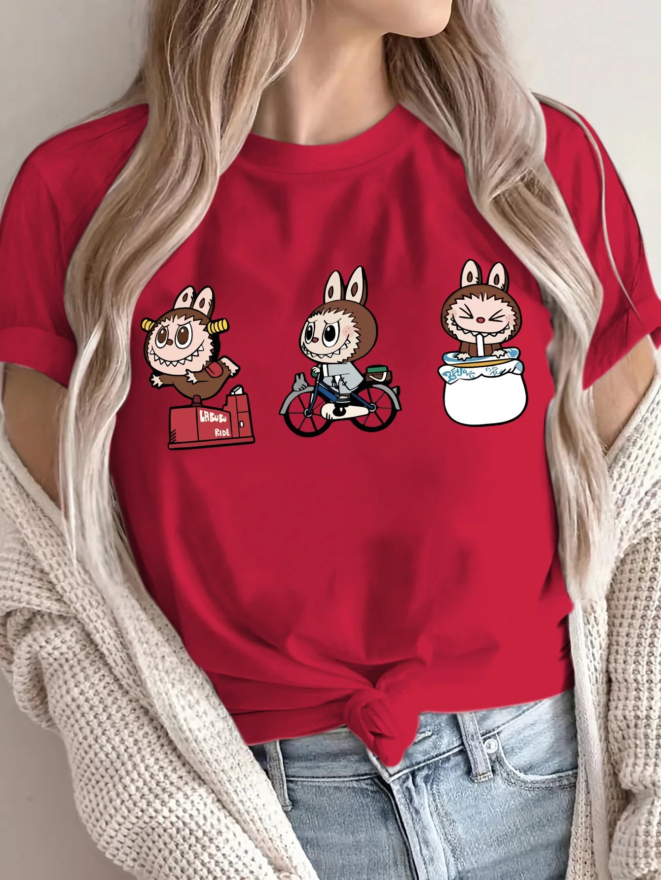 Women's Vibrant Green Cartoon Print T-Shirt Casual Sporty Style, Short Sleeves, Perfect for Spring & Summer, Labubu Pattern