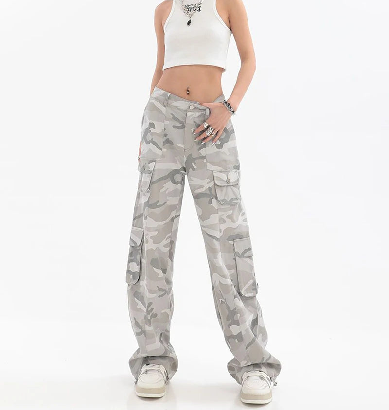 Female Hip Hop Grey Camouflage Cargo Pants American Style Y2K Oversized Loose Straight Wide Leg Pants Vintage Casual Sweatpants