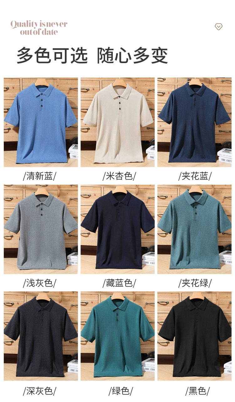 Summer 100% merino wool men's lapel pullover short sleeve POLO neck sweater loose top business casual knit T-shirt