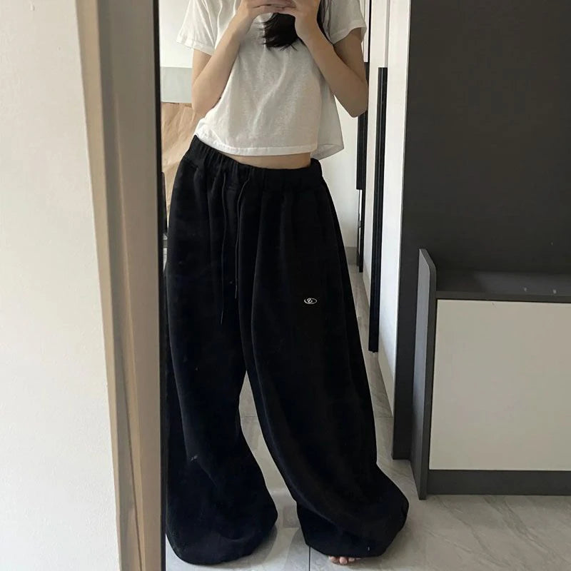 Oversize Cotton Woman Black Sweatpants Y2K Korean Streetwear Loose Casual Jogger Pants High Waist All Match Drawstring Trousers