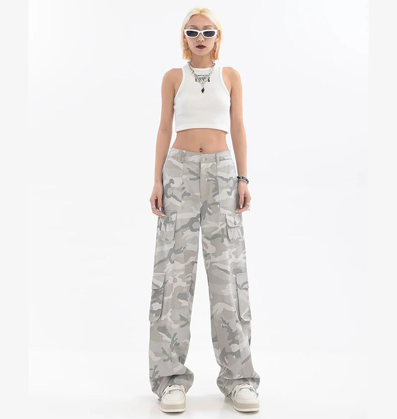 Female Hip Hop Grey Camouflage Cargo Pants American Style Y2K Oversized Loose Straight Wide Leg Pants Vintage Casual Sweatpants