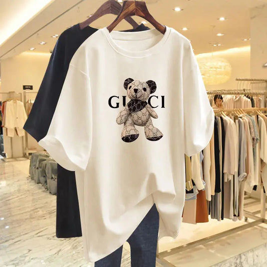 Women Cartoon Printed Tees Summer Pure Cotton Basic O-neck Short Sleeve T-shirt Casual Loose Tops Y2k Pullovers