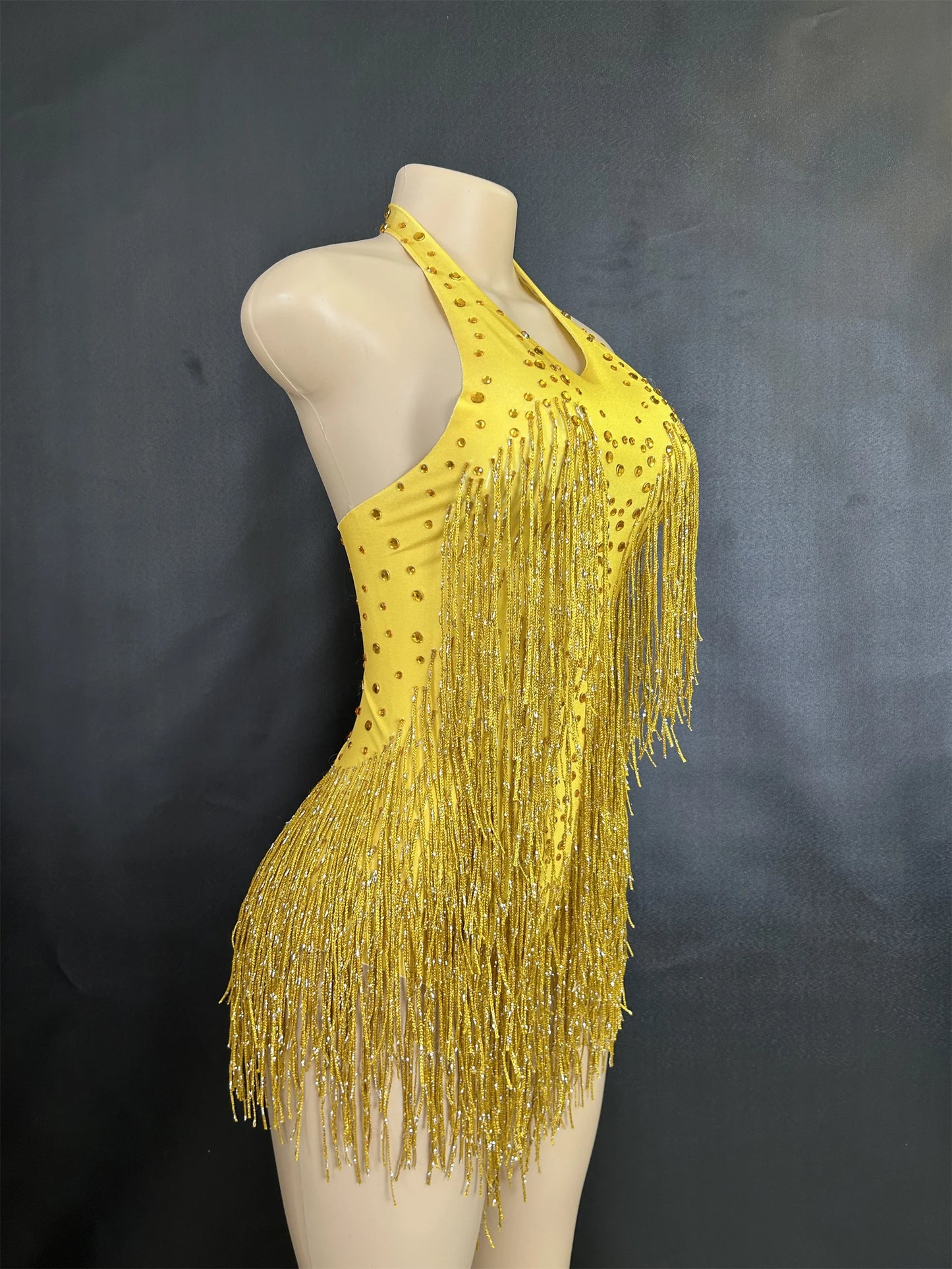 Sparkly Rhinestones Fringe Bodysuit WomenVightclub Party Dance Costume Stage Wear SexyTassel Leotard Performance Clothing 7G