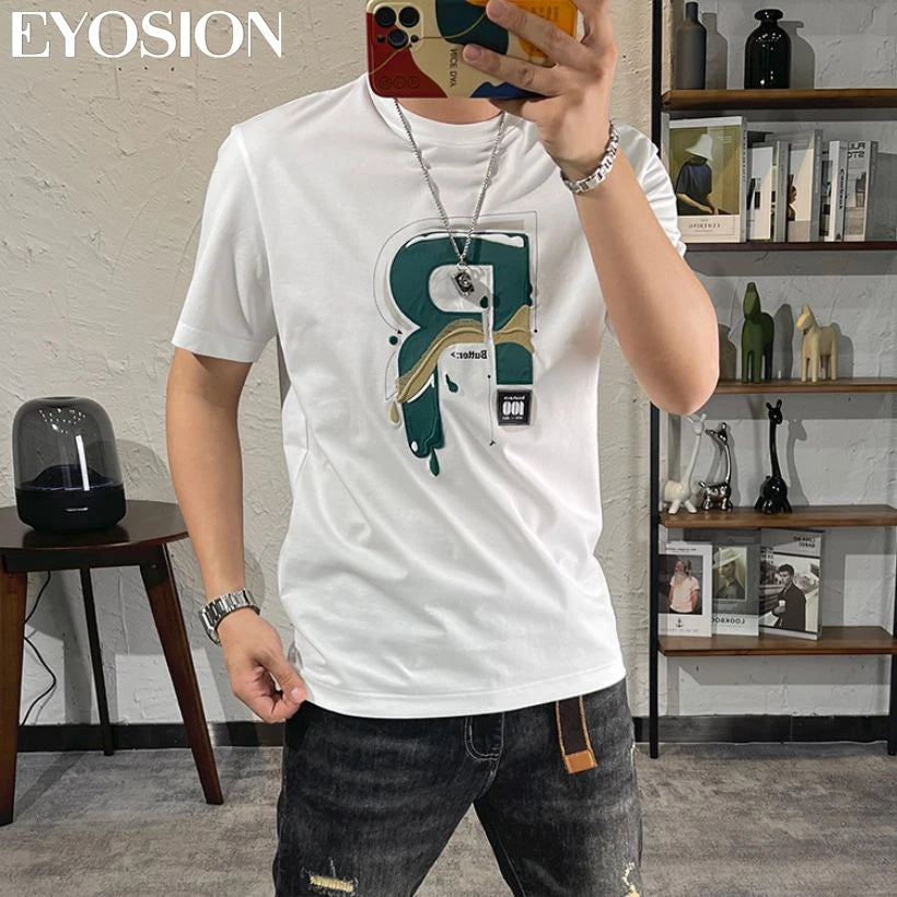 Summer Men‘s T-shirt with Letter Print Cotton Vintage Loose Soft Tshirt Basic Tops Short Sleeve T Shirt Male Tees 5XL