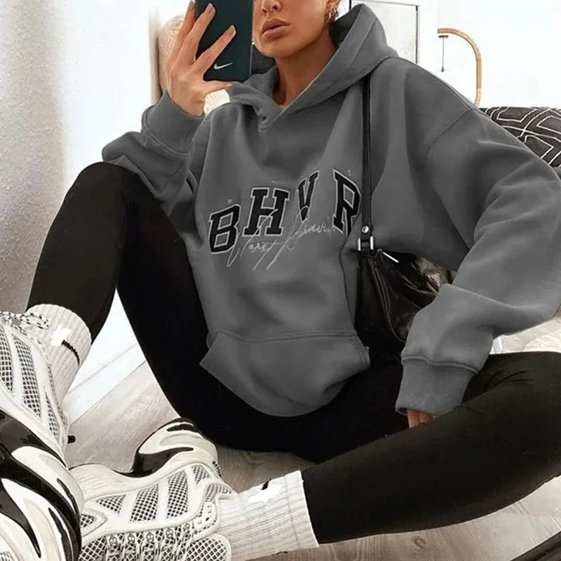 Harajuku Fashion Casual Women's Hoodie Autumn Winter Bhvr Game Letter Printing Plus Fleece Warm Long Sleeve Y2k Pullover Hoodie