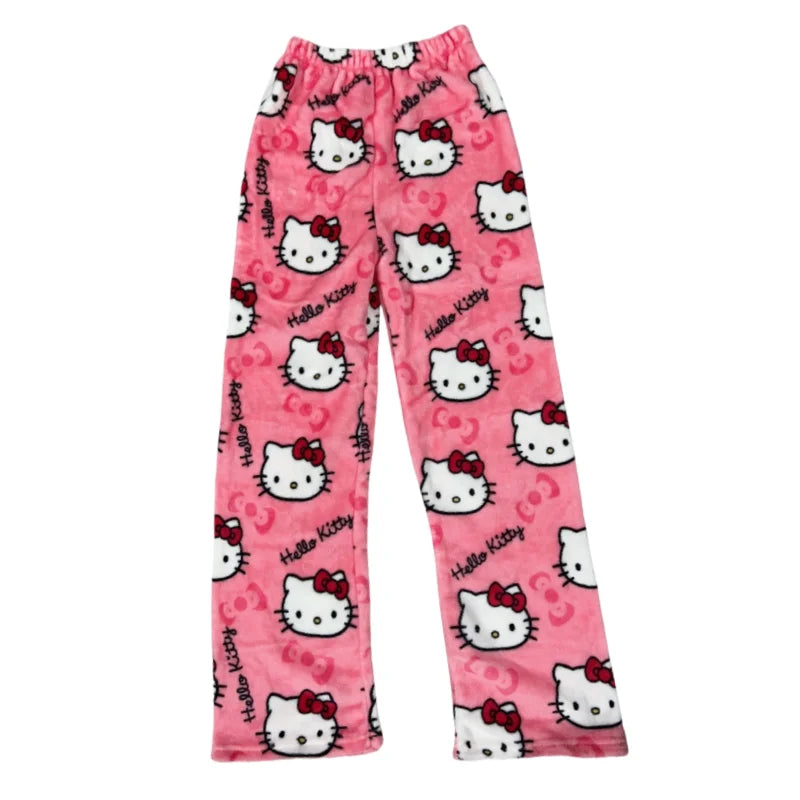 Kawaii Hello Kitty Pajamas Black Anime Flannel Women Warm Woolen Whitecartoon Casual Home Pants Autumn Fashion Trousers Gifts