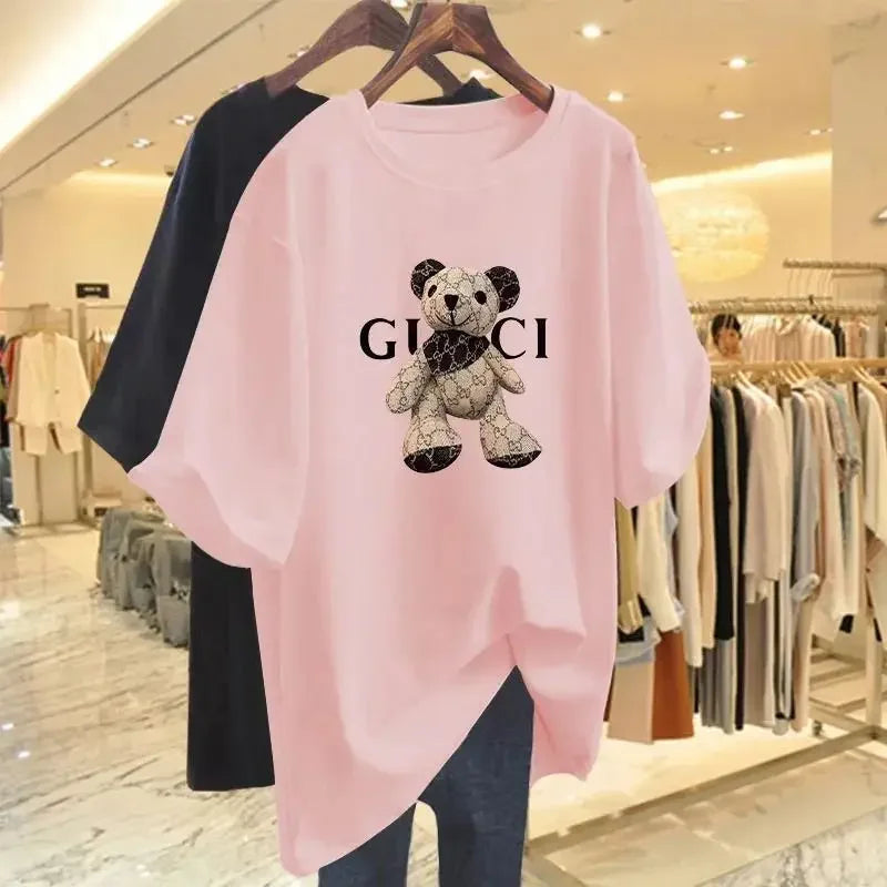 Women Cartoon Printed Tees Summer Pure Cotton Basic O-neck Short Sleeve T-shirt Casual Loose Tops Y2k Pullovers