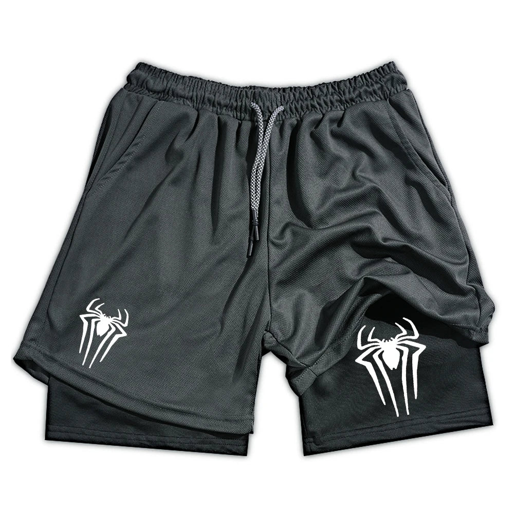 Y2K Performance Shorts Men Spider Printed GYM Casual Sports Compression Shorts Workout Running Mesh 2 In 1 Sport Short Pants