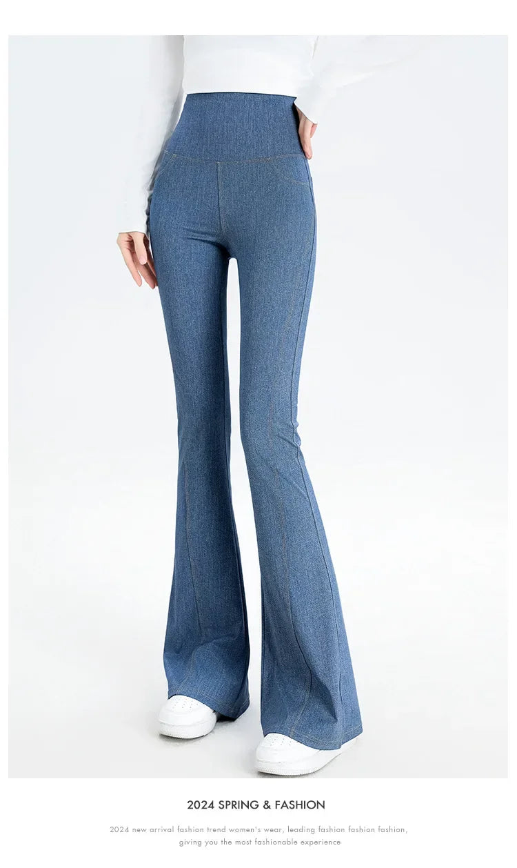 2024 New Women's Denim Shark Pants Outerwear Thin Leggings Bell-Bottom Tummy Control Underwear Summer Fashion