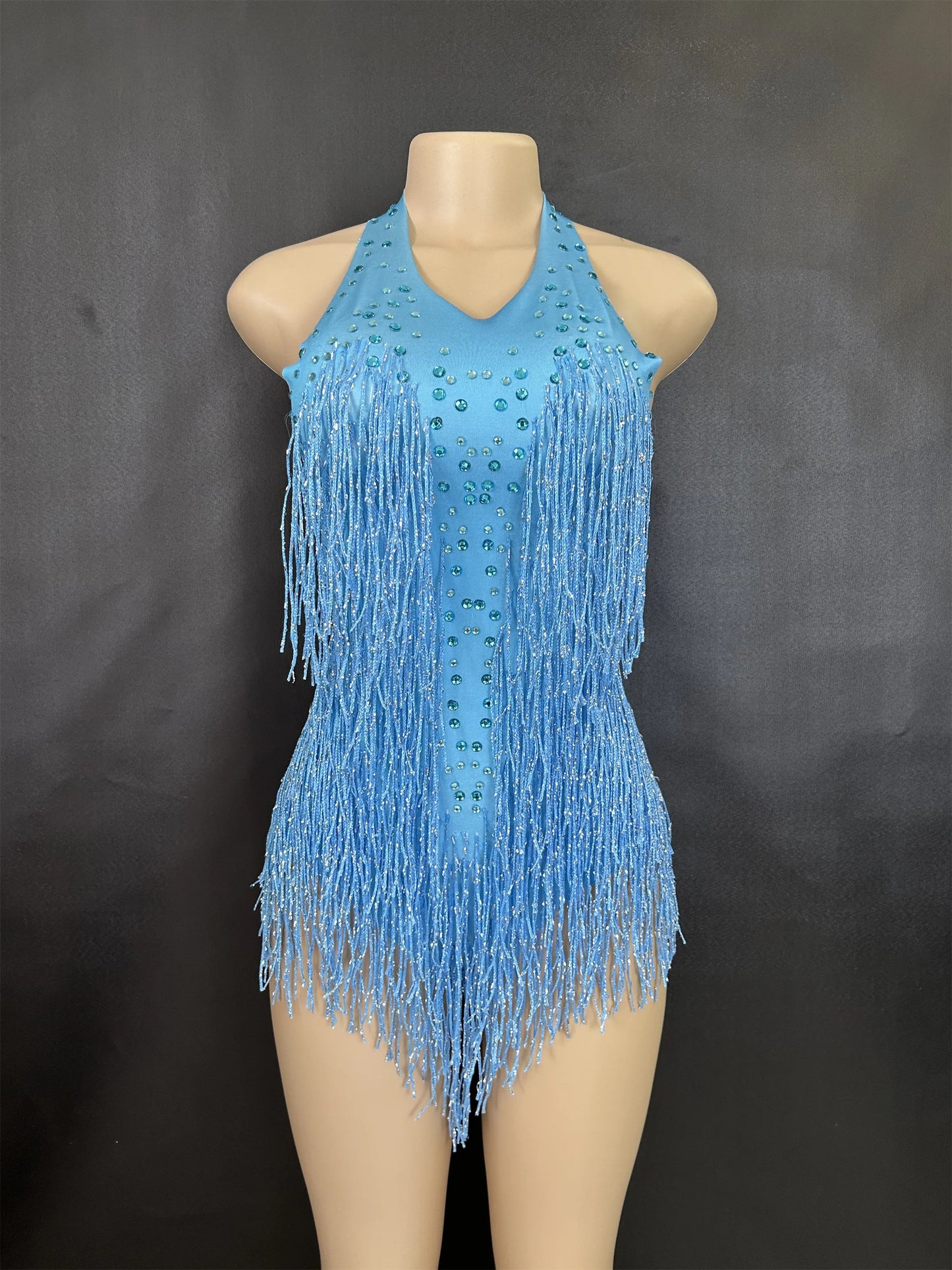 Sparkly Rhinestones Fringe Bodysuit WomenVightclub Party Dance Costume Stage Wear SexyTassel Leotard Performance Clothing 7G