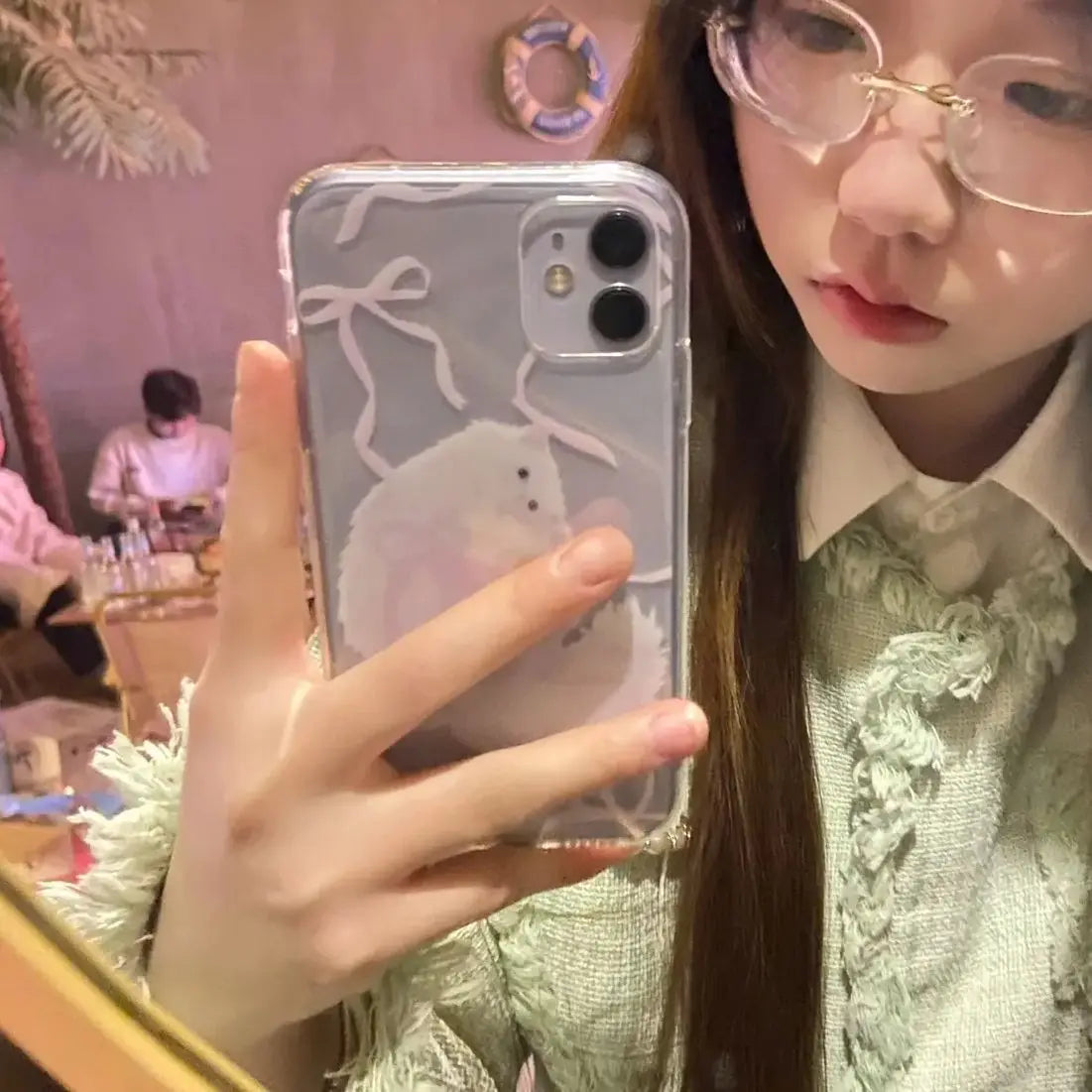 Kawaii Cat Pink Bow Phone Case  Korean INS Retro Geometric For iPhone 16 15 14 13 12 11 Pro Max XR XS Max 78 Plus MINI Y2K Cover