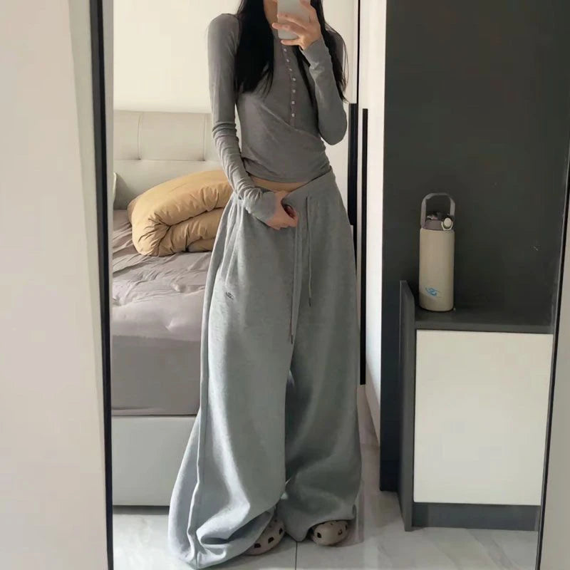 Oversize Cotton Woman Black Sweatpants Y2K Korean Streetwear Loose Casual Jogger Pants High Waist All Match Drawstring Trousers