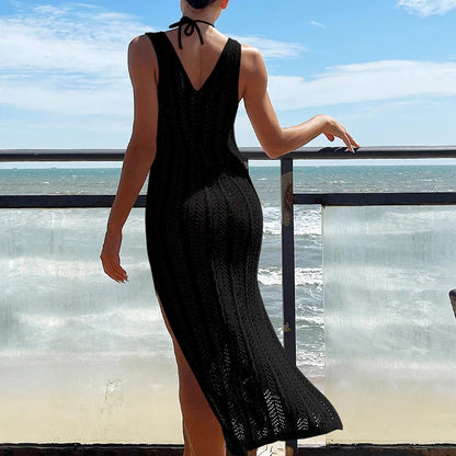 2024 Summer Ladies Vacation Hollow Out Robe Women Chic Solid Knitted Maxi Dress Fashion Sleeveless Sexy Beach Cover Up Dresses