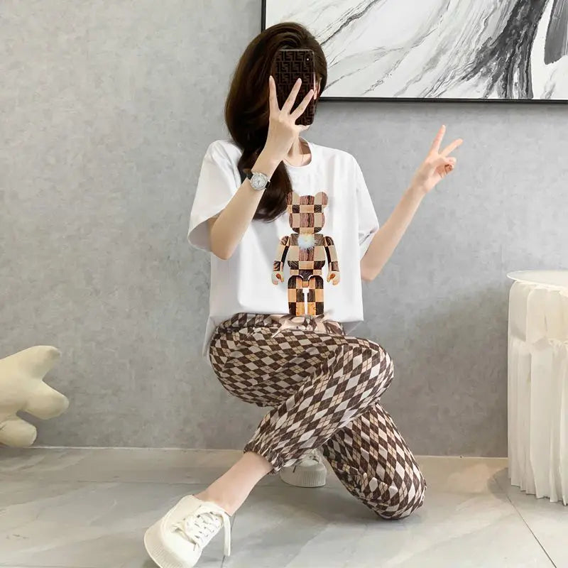 2 Piece Set for Women 2023 Summer Korean Fashion Bear Printed High Waist Wide Leg Pants Loose Short Sleeve T Shirt Women Clothes