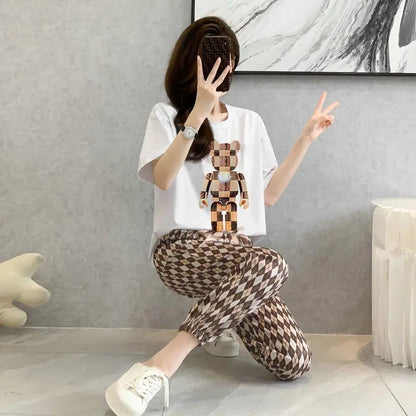 2 Piece Set for Women 2023 Summer Korean Fashion Bear Printed High Waist Wide Leg Pants Loose Short Sleeve T Shirt Women Clothes