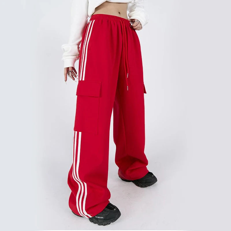 Jmprs Striped Women Cargo Pants American Style High Waist Fashion Y2K Streetwear Loose Wide Leg Pants Female Hip Hop Sweatpants