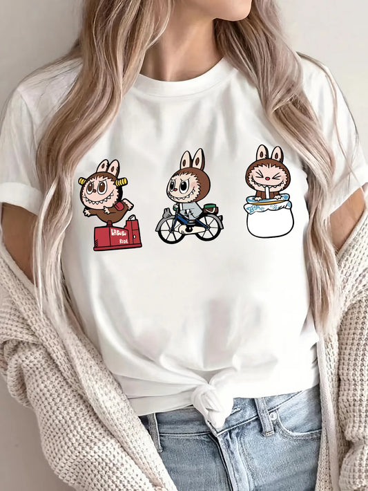 Women's Vibrant Green Cartoon Print T-Shirt Casual Sporty Style, Short Sleeves, Perfect for Spring & Summer, Labubu Pattern