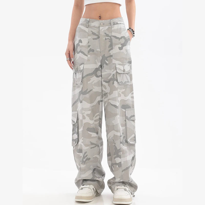 Female Hip Hop Grey Camouflage Cargo Pants American Style Y2K Oversized Loose Straight Wide Leg Pants Vintage Casual Sweatpants