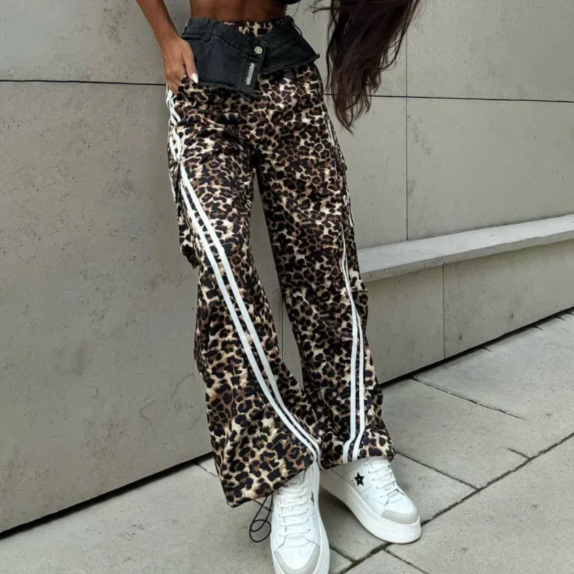 2025 New Autumn Women's Casual Wide Leg Leopard Pants Women Clothing Cowboy Spliced Vintage Sweatpants Y2k Cargo Pants Women