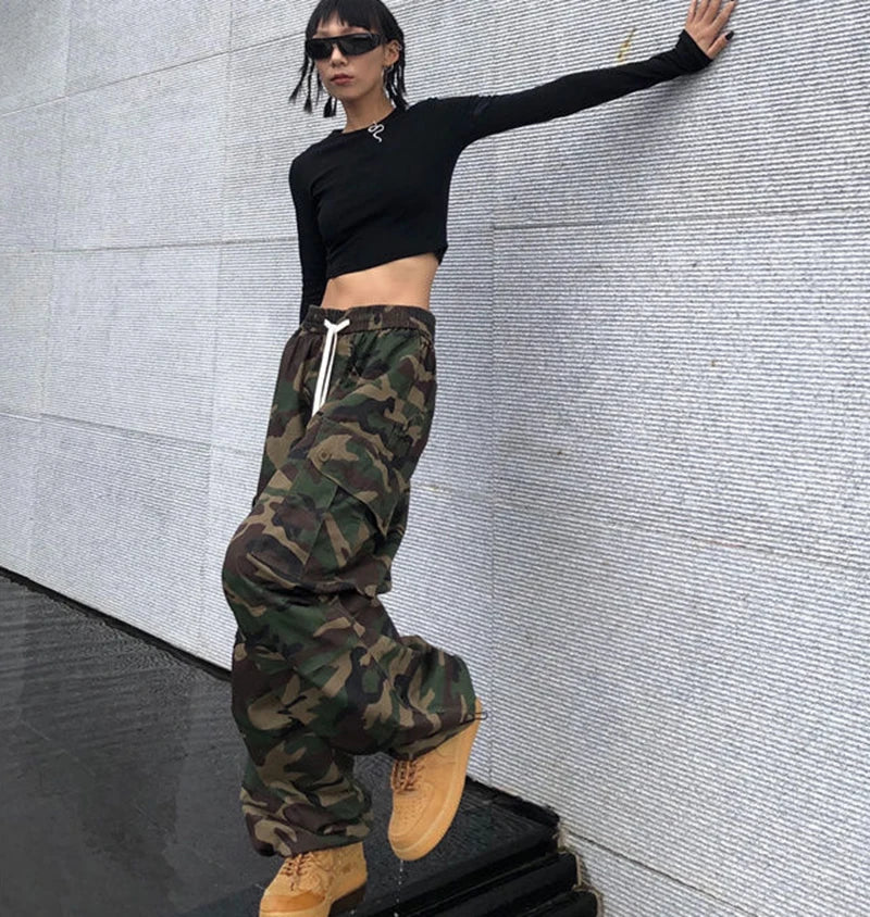 100% Pure Cotton Camo Cargo Pants Women Y2K Vintage Streetwear Joggers Sweatpants Bf Oversized Loose Hip Hop Wide Leg Trousers