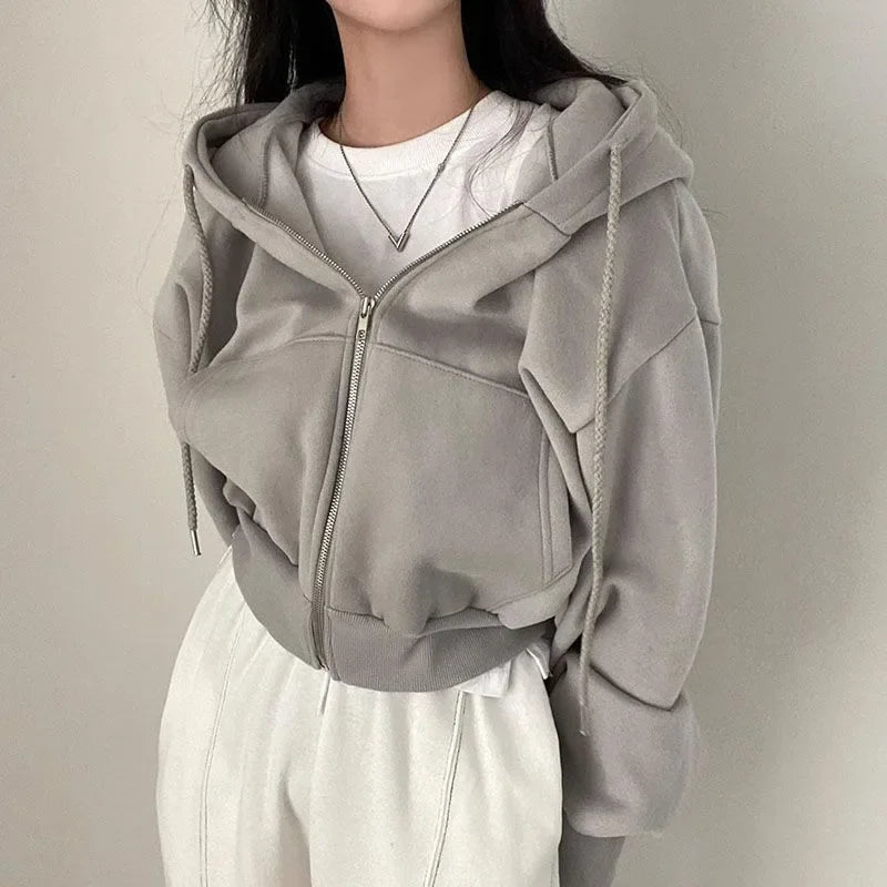 2023 Autumn/Winter New Fleece-Lined Versatile Fashion Cropped Slim Zippered Warm Solid Color Hooded Sweatshirt For Women