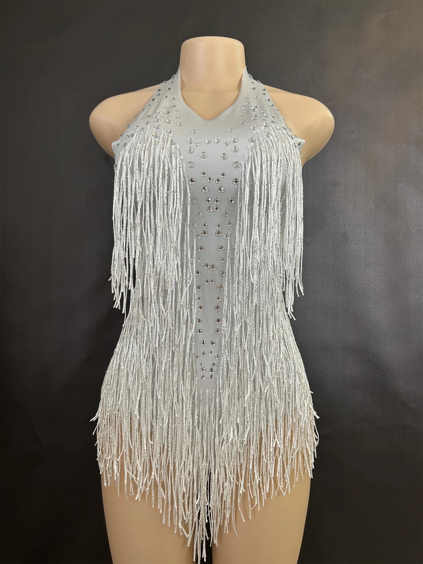 Sparkly Rhinestones Fringe Bodysuit WomenVightclub Party Dance Costume Stage Wear SexyTassel Leotard Performance Clothing 7G