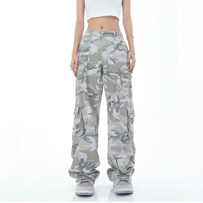 Streetwear Women Camouflage Cargo Pants Hip Hop Oversize Spring Autumn Straight New Wide Leg High Street Fashion Casual Trousers