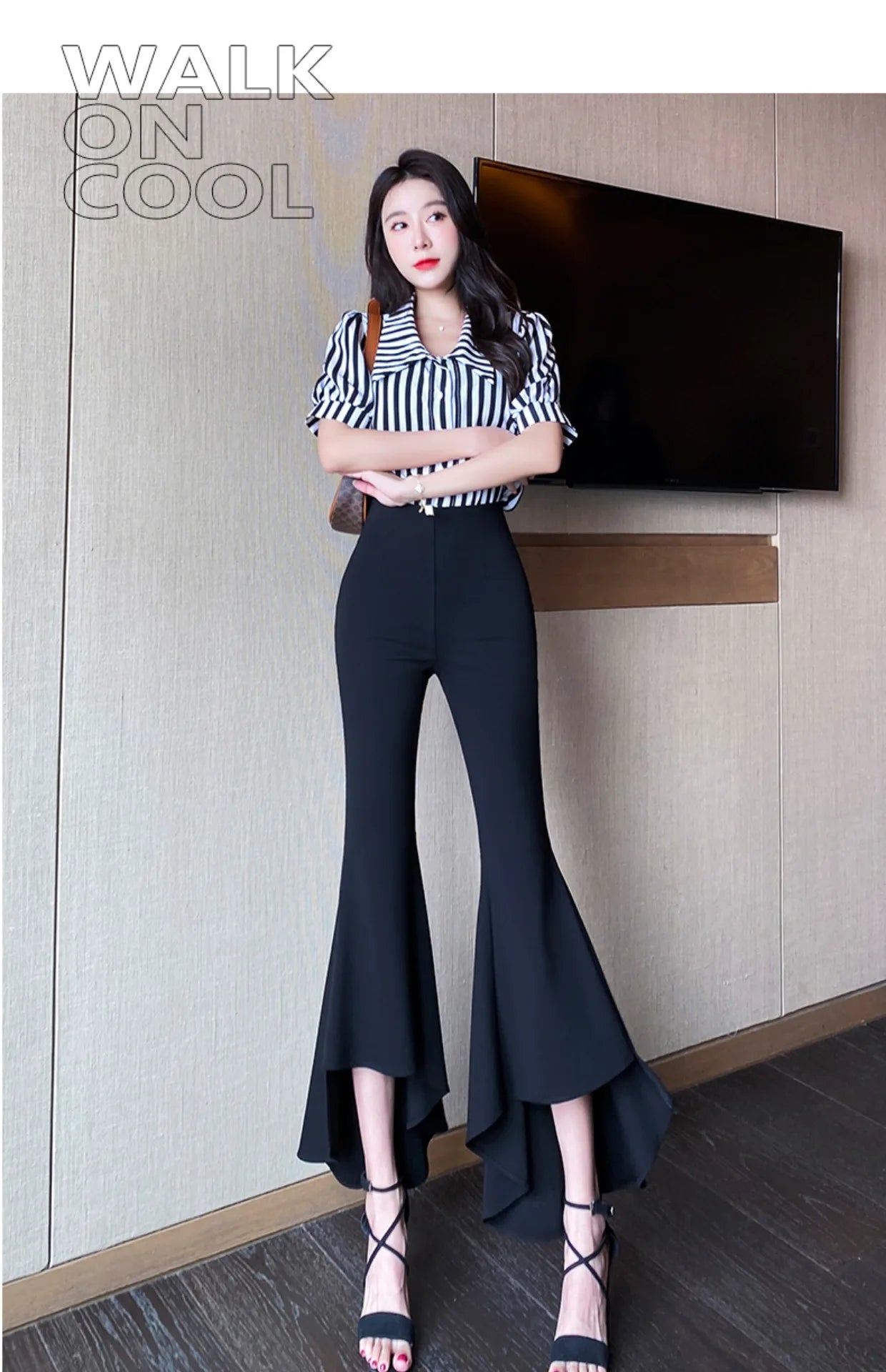 Chic Ladies Wear Fit Bell-bottoms Cropped Pants Women OL High Waist Zipper Fly Trousers Female Streetwear Clothes Vy7500