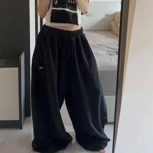 Oversize Cotton Woman Black Sweatpants Y2K Korean Streetwear Loose Casual Jogger Pants High Waist All Match Drawstring Trousers