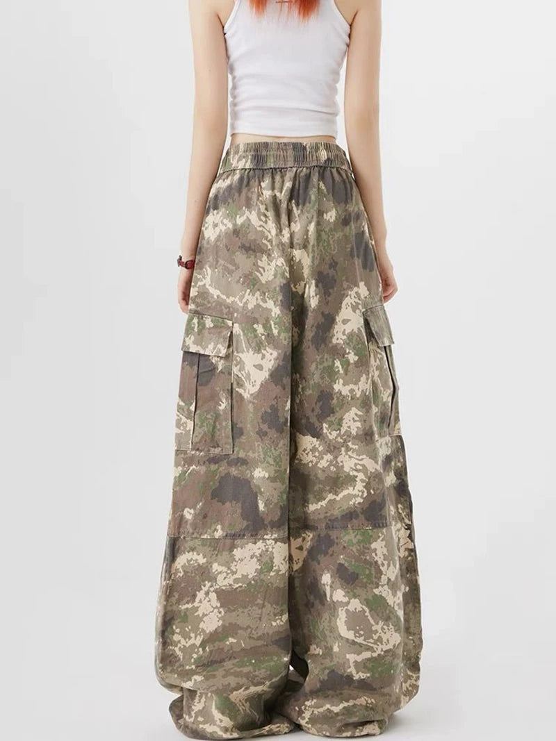 Zoki Streetwear Camouflage Cargo Pants Women High Waist Y2K Harajuku Wide Leg Trousers Vintage American Pockets Lace Up Pants