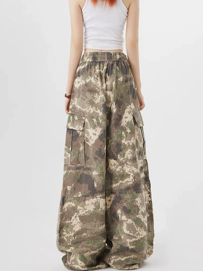 Zoki Streetwear Camouflage Cargo Pants Women High Waist Y2K Harajuku Wide Leg Trousers Vintage American Pockets Lace Up Pants