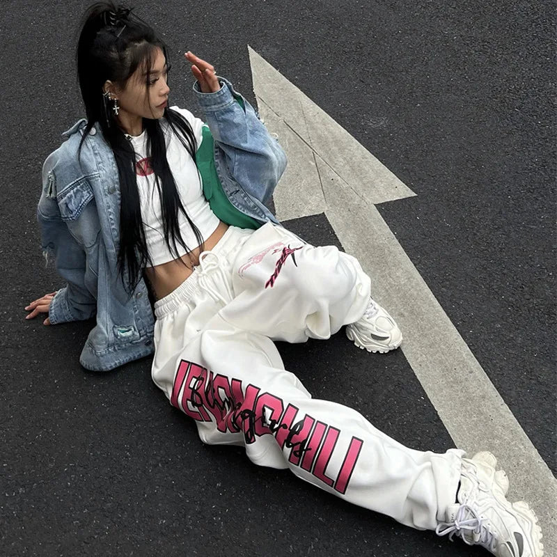 New Y2K Streetwear White Track Pants Women Harajuku Hippie Wide Leg Sweatpants Oversize Quick Dry Printed Joggers Trousers