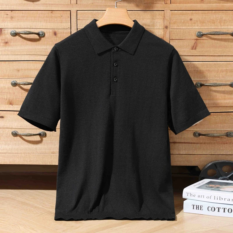 Summer 100% merino wool men's lapel pullover short sleeve POLO neck sweater loose top business casual knit T-shirt