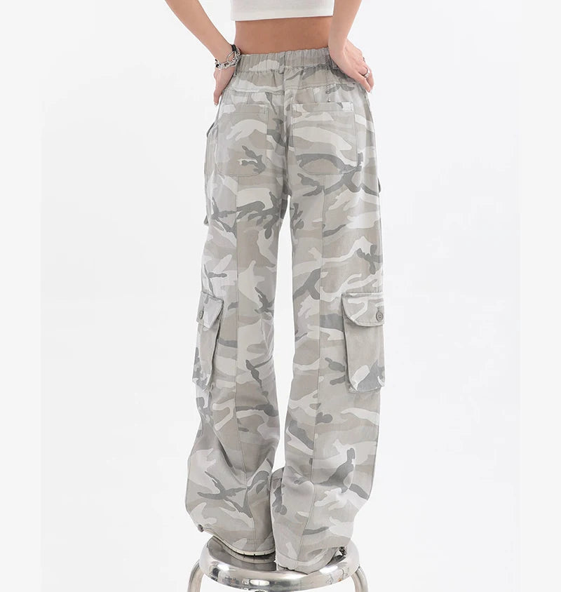 Female Hip Hop Grey Camouflage Cargo Pants American Style Y2K Oversized Loose Straight Wide Leg Pants Vintage Casual Sweatpants