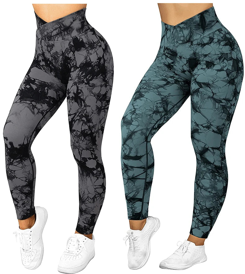 Women Cross Waist Leggings Seamless Tie Dye Leggings High Waist Hip Liftting Gym Workout Running Fashion High Elastic Knit Pants