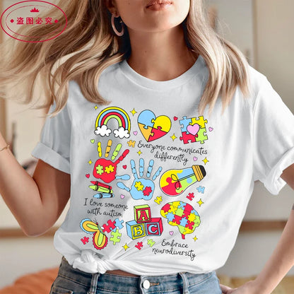 Women’s Shirts Everyone Communicates Differently Graphic Aesthetic Autism Printing Casual Shirt Tees Fashion Summer T-shirts