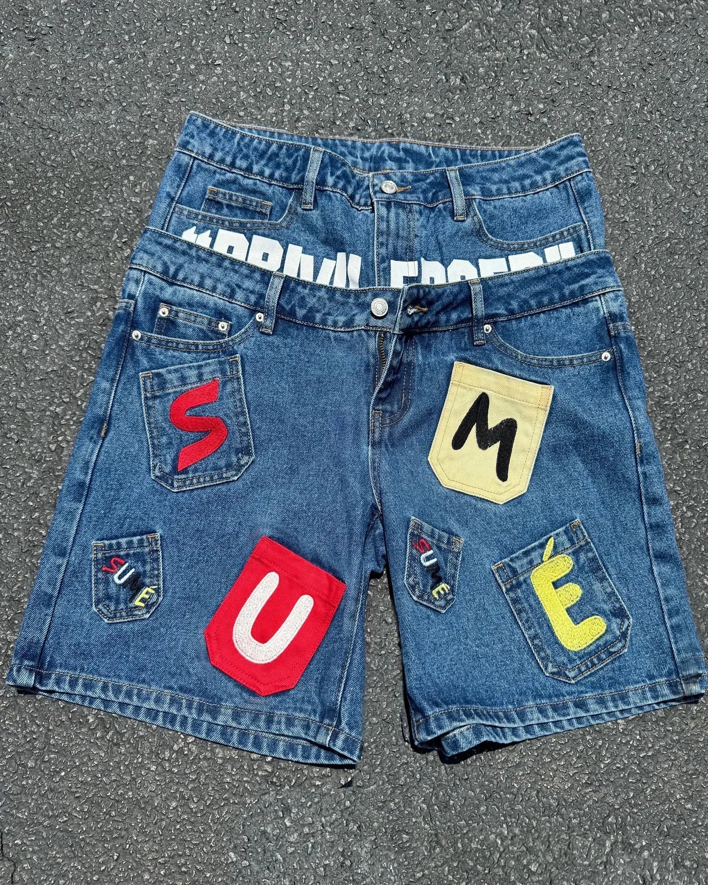 Y2K personalized fashion fake two-piece distressed denim shorts summer men's loose casual straight trendy five-point pants