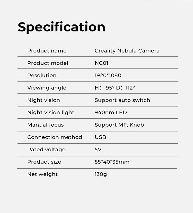 Creality Nebula Camera Upgrade 3D Printer Real-time Monitoring Time-lapse Filming Spaghetti Detection Manual Focus USB Interface