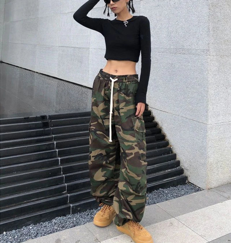 100% Pure Cotton Camo Cargo Pants Women Y2K Vintage Streetwear Joggers Sweatpants Bf Oversized Loose Hip Hop Wide Leg Trousers