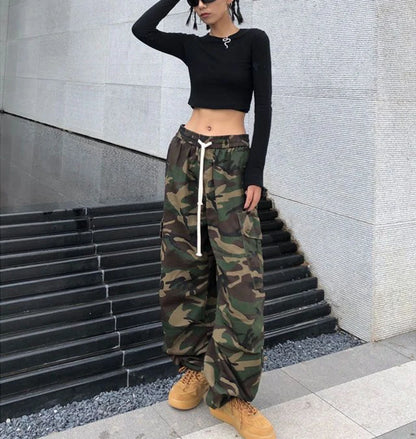 100% Pure Cotton Camo Cargo Pants Women Y2K Vintage Streetwear Joggers Sweatpants Bf Oversized Loose Hip Hop Wide Leg Trousers