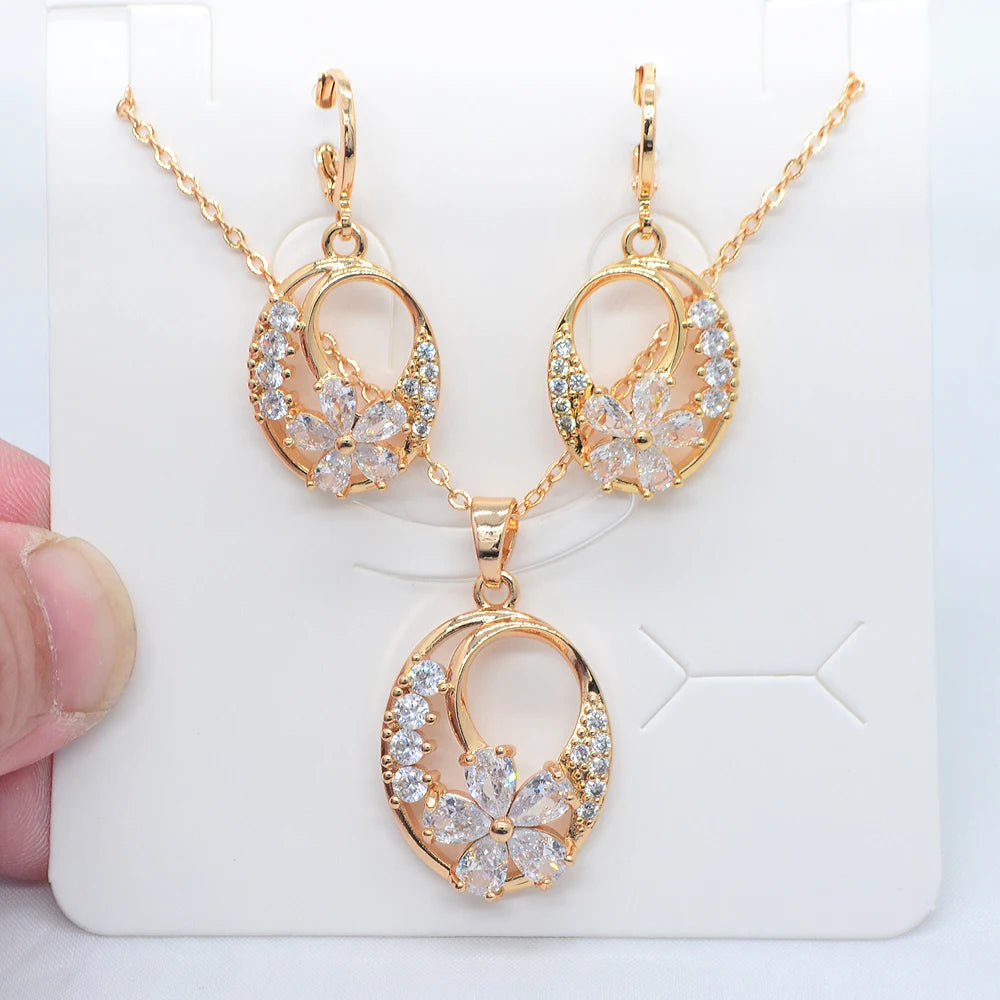 Fashion Gold Color Women Multicolor Cubic Zirconia Oval Flower Jewelry Set