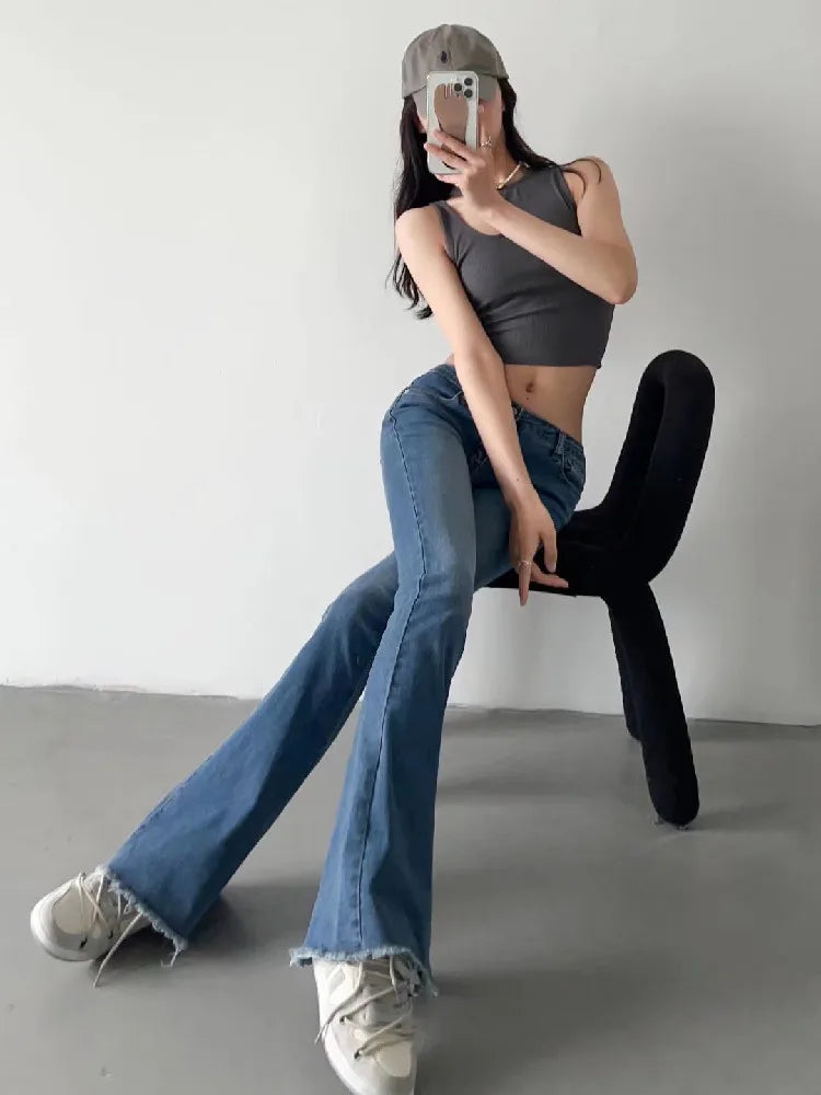 2022 Spring Autumn Sexy Low Waist Floor Length Burr Cuff Flare Jeans Women Vintage Stretch Denim Pants Streetwear Long Trousers