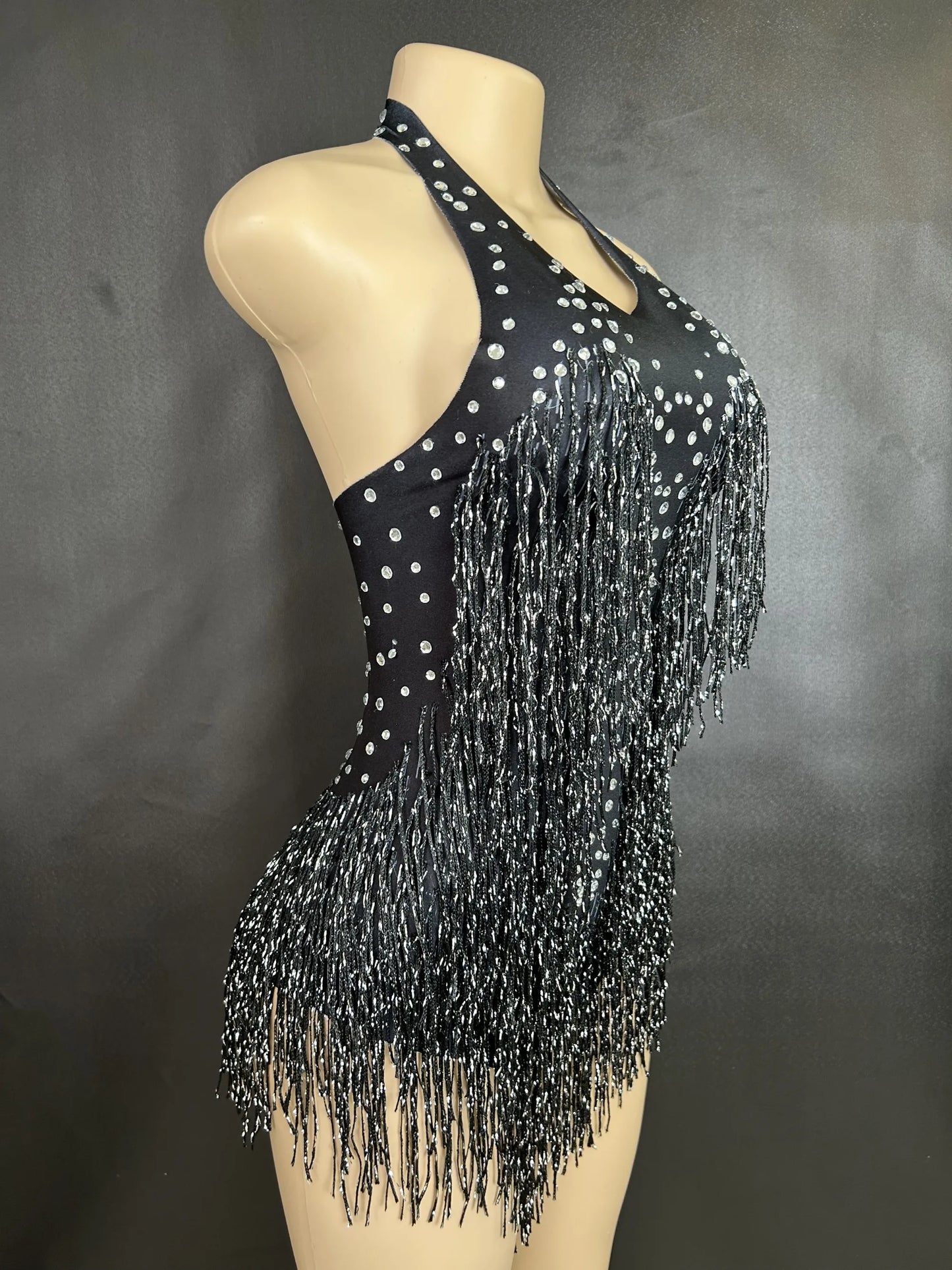 Sparkly Rhinestones Fringe Bodysuit WomenVightclub Party Dance Costume Stage Wear SexyTassel Leotard Performance Clothing 7G