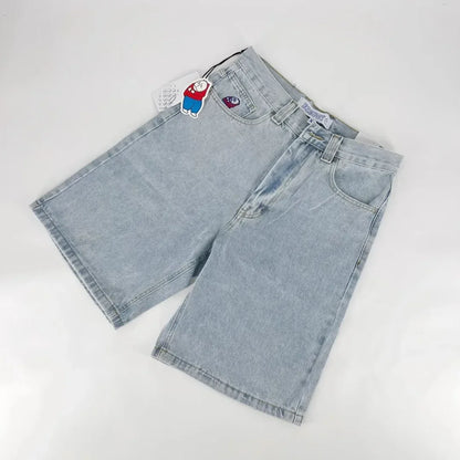 Y2K personalized fashion fake two-piece distressed denim shorts summer men's loose casual straight trendy five-point pants